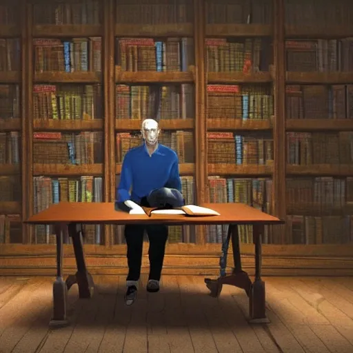 realistic library, beautiful scenery, perfect picture quality, bright colors, unreal engine highly rendered, portrait full body man european sit in table studying, extremely detailed face and eyes, oil on canvas, trending on artstation, featured on pixiv, cinematic composition, extreme detail, metahuman creator, Size: 1920x1080