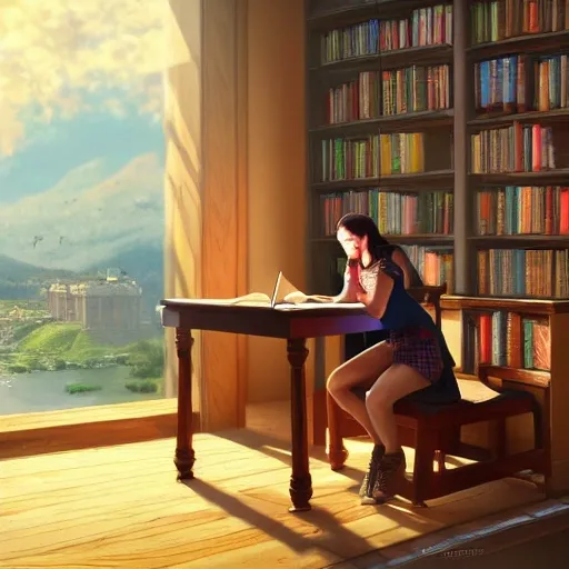 realistic library, beautiful scenery, perfect picture quality, bright colors, unreal engine highly rendered, portrait full body teen european sit in table studying, extremely detailed face and eyes, oil on canvas, trending on artstation, featured on pixiv, cinematic composition, extreme detail, metahuman creator, Size: 1920x1080