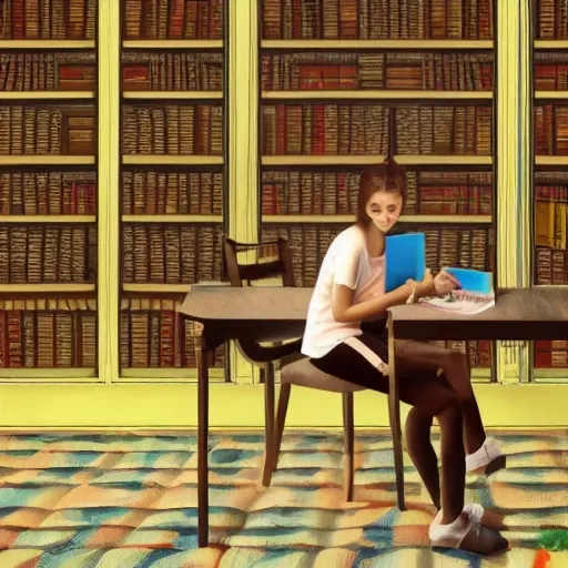 realistic library, beautiful scenery, perfect picture quality, bright colors, unreal engine highly rendered, portrait full body teen european sit in table studying, extremely detailed face and eyes, oil on canvas, trending on artstation, featured on pixiv, cinematic composition, extreme detail, metahuman creator, Size: 1920x1080