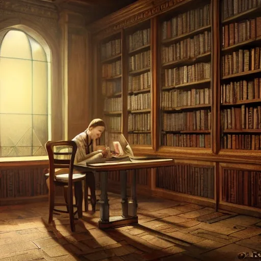 realistic classic library, beautiful scenery, perfect picture quality, bright colors, unreal engine highly rendered, tables, portrait full body teen european sit studying, extremely detailed face and eyes, oil on canvas, trending on artstation, featured on pixiv, cinematic composition, extreme detail, metahuman creator, Size: 1920x1080