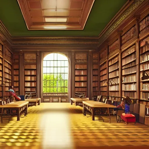 realistic classic library, hall with a lot of tables, beautiful scenery, perfect picture quality, bright colors, unreal engine highly rendered, portrait full body teen european sit studying, extremely detailed face and eyes, oil on canvas, trending on artstation, featured on pixiv, cinematic composition, extreme detail, metahuman creator, Size: 1920x1080