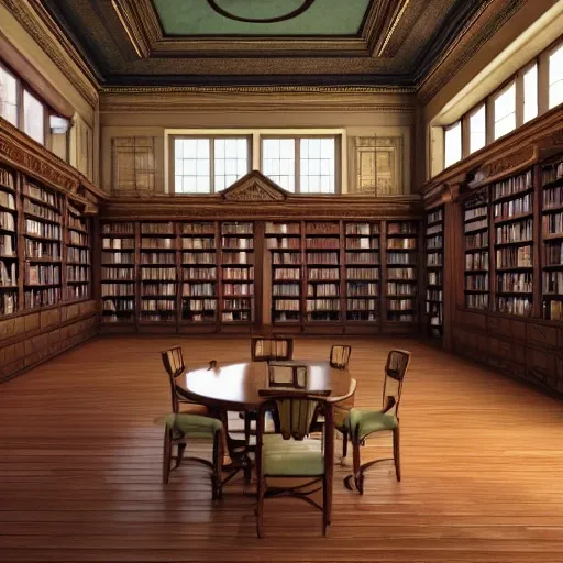 realistic classic library, hall with a lot of tables, beautiful scenery, perfect picture quality, bright colors, unreal engine highly rendered, portrait full body teen european sit studying, extremely detailed face and eyes, oil on canvas, trending on artstation, featured on pixiv, cinematic composition, extreme detail, metahuman creator, Size: 1920x1080