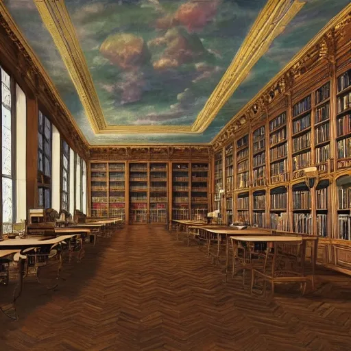 realistic classic library, hall with a lot of tables, beautiful scenery, perfect picture quality, bright colors, unreal engine highly rendered, portrait full body teen european sit studying, extremely detailed face and eyes, oil on canvas, trending on artstation, featured on pixiv, cinematic composition, extreme detail, metahuman creator, Size: 1920x1080