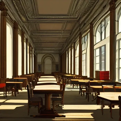 realistic classic library, hall with a lot of tables, beautiful scenery, perfect picture quality, bright colors, unreal engine highly rendered, portrait full body teen european sit studying, extremely detailed face and eyes, oil on canvas, trending on artstation, featured on pixiv, cinematic composition, extreme detail, metahuman creator, Size: 1920x1080