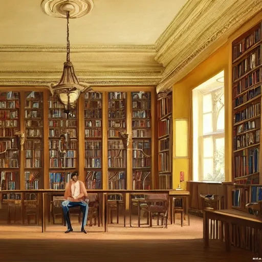 realistic classic library, hall with a lot of tables, portrait full body european man sit studying, beautiful scenery, perfect picture quality, bright colors, unreal engine highly rendered, extremely detailed face and eyes, oil on canvas, trending on artstation, featured on pixiv, cinematic composition, extreme detail, metahuman creator, Size: 1920x1080