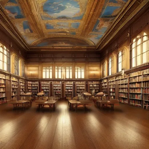 realistic classic library, hall with a lot of tables, portrait full body european man sit studying, beautiful scenery, perfect picture quality, bright colors, unreal engine highly rendered, extremely detailed face and eyes, oil on canvas, trending on artstation, featured on pixiv, cinematic composition, extreme detail, metahuman creator, Size: 1920x1080