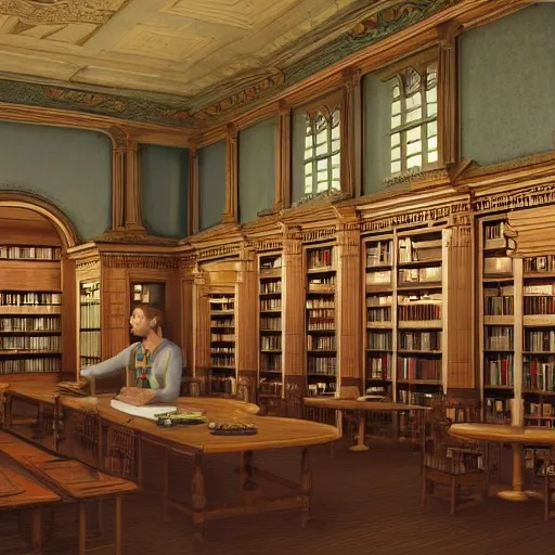 realistic classic library, hall with a lot of tables, portrait full body european man sit studying, beautiful scenery, perfect picture quality, bright colors, unreal engine highly rendered, extremely detailed face and eyes, oil on canvas, trending on artstation, featured on pixiv, cinematic composition, extreme detail, metahuman creator, Size: 1920x1080