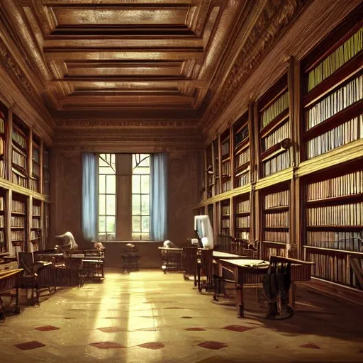 realistic classic library, hall with a lot of tables, portrait full body european man sit studying, beautiful scenery, perfect picture quality, bright colors, unreal engine highly rendered, extremely detailed face and eyes, oil on canvas, trending on artstation, featured on pixiv, cinematic composition, extreme detail, metahuman creator, Size: 1920x1080