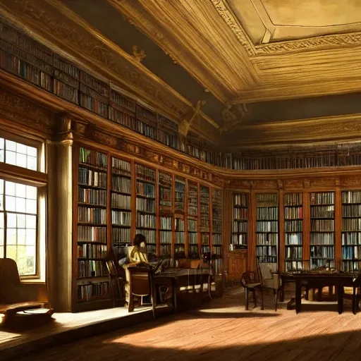 realistic classic library, aisle with a lot of tables, portrait full body european man sit studying, beautiful scenery, perfect picture quality, bright colors, unreal engine highly rendered, extremely detailed face and eyes, oil on canvas, trending on artstation, featured on pixiv, cinematic composition, extreme detail, metahuman creator, Size: 1920x1080