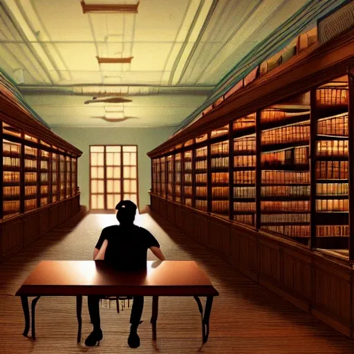 realistic classic university library, aisle with a lot of tables, portrait full body european man sit studying, beautiful scenery, perfect picture quality, bright colors, unreal engine highly rendered, extremely detailed face and eyes, oil on canvas, trending on artstation, featured on pixiv, cinematic composition, extreme detail, metahuman creator, Size: 1920x1080