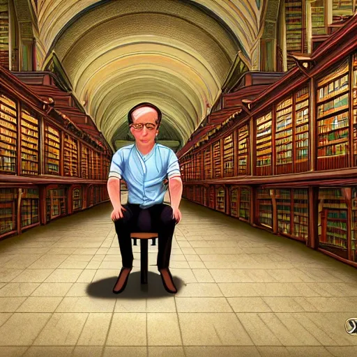 realistic classic university library, portrait full body european man sit studying, aisle with a lot of tables, beautiful scenery, perfect picture quality, bright colors, unreal engine highly rendered, extremely detailed face and eyes, oil on canvas, trending on artstation, featured on pixiv, cinematic composition, extreme detail, metahuman creator, Size: 1920x1080