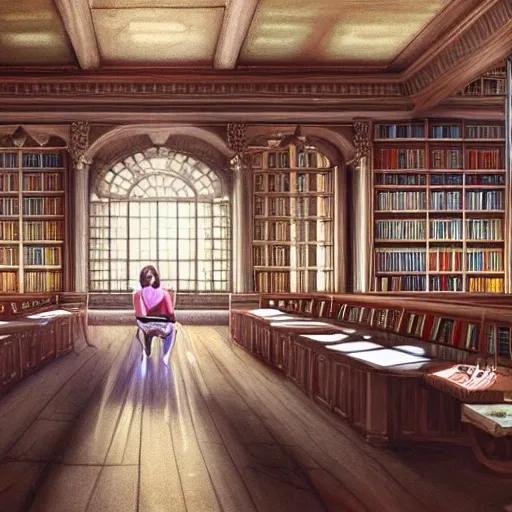 realistic classic university library, portrait full body european teen sit studying, aisle with a lot of tables, beautiful scenery, perfect picture quality, bright colors, unreal engine highly rendered, extremely detailed face and eyes, oil on canvas, trending on artstation, featured on pixiv, cinematic composition, extreme detail, metahuman creator, Size: 1920x1080