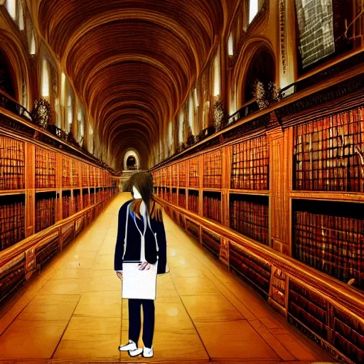 realistic classic university library, portrait full body european teen sit studying, aisle with a lot of tables, beautiful scenery, perfect picture quality, bright colors, unreal engine highly rendered, extremely detailed face and eyes, oil on canvas, trending on artstation, featured on pixiv, cinematic composition, extreme detail, metahuman creator, Size: 1920x1080