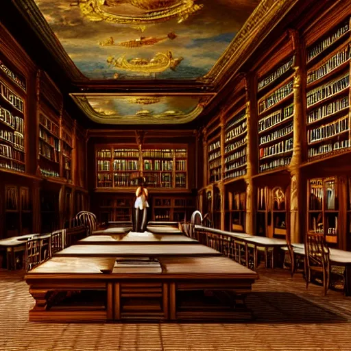 realistic classic university library, portrait full body european teen sit studying, aisle with a lot of tables, beautiful scenery, perfect picture quality, bright colors, unreal engine highly rendered, extremely detailed face and eyes, oil on canvas, trending on artstation, featured on pixiv, cinematic composition, extreme detail, metahuman creator, Size: 1920x1080