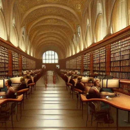 realistic classic university library, portrait full body european teen sit studying, aisle with a lot of tables, beautiful scenery, perfect picture quality, bright colors, unreal engine highly rendered, extremely detailed face and eyes, oil on canvas, trending on artstation, featured on pixiv, cinematic composition, extreme detail, metahuman creator, Size: 1920x1080