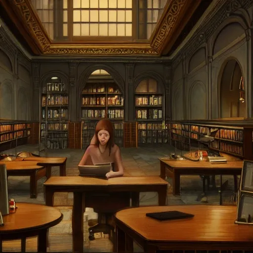 realistic classic university library, foreground, portrait full body european teen studying, aisle with a lot of tables, beautiful scenery, perfect picture quality, bright colors, unreal engine highly rendered, extremely detailed face and eyes, oil on canvas, trending on artstation, featured on pixiv, cinematic composition, extreme detail, metahuman creator, Size: 1920x1080