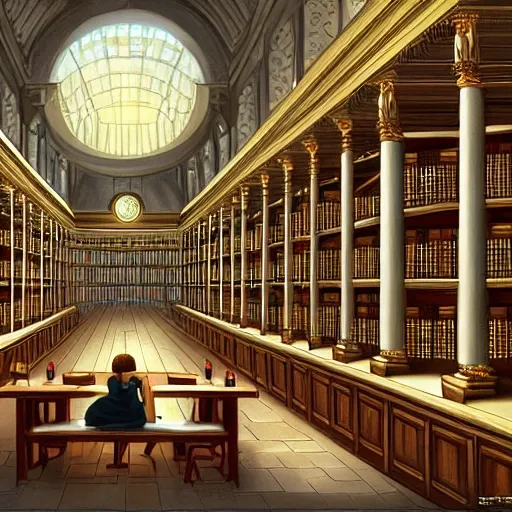 realistic classic university library, foreground, portrait full body european teen studying, aisle with a lot of tables, beautiful scenery, perfect picture quality, bright colors, unreal engine highly rendered, extremely detailed face and eyes, oil on canvas, trending on artstation, featured on pixiv, cinematic composition, extreme detail, metahuman creator, Size: 1920x1080