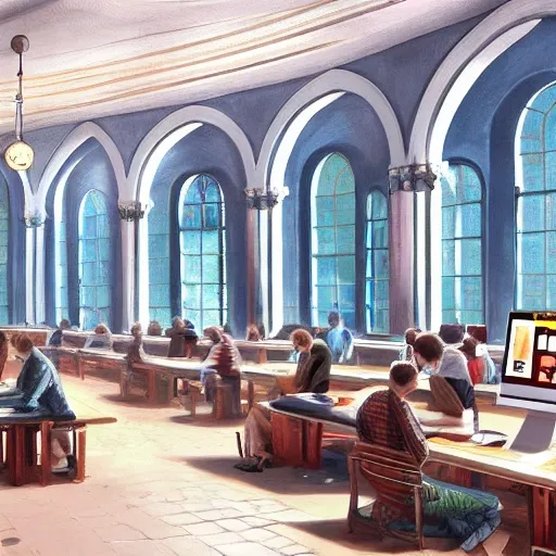 realistic classic university library, foreground, portrait full body european teen studying, aisle with a lot of tables, beautiful scenery, perfect picture quality, bright colors, unreal engine highly rendered, extremely detailed face and eyes, oil on canvas, trending on artstation, featured on pixiv, cinematic composition, extreme detail, metahuman creator, Size: 1920x1080