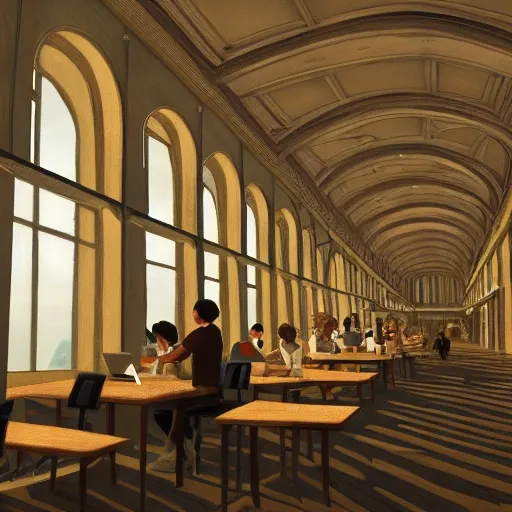 realistic classic university library, foreground, portrait full body european teen studying with laptop, aisle with a lot of tables, beautiful scenery, perfect picture quality, bright colors, unreal engine highly rendered, extremely detailed face and eyes, oil on canvas, trending on artstation, featured on pixiv, cinematic composition, extreme detail, metahuman creator, Size: 1920x1080