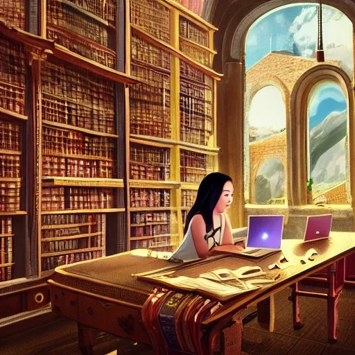 realistic classic university library, foreground, portrait full body european teen studying with laptop, aisle with a lot of tables, beautiful scenery, perfect picture quality, bright colors, unreal engine highly rendered, extremely detailed face and eyes, oil on canvas, trending on artstation, featured on pixiv, cinematic composition, extreme detail, metahuman creator, Size: 1920x1080