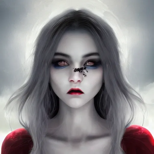 digital art, landscape, UHD, 8K, highly detailed, panned out view of the character, visible full body, ethereal, unnatural grey-skinned vampire girl, beautifully detailed face, white hair