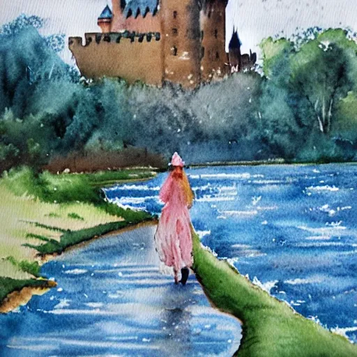 a woman walking along the riverbank with a castle in the background in watercolor, Trippy