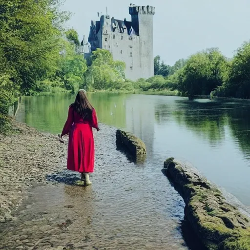 a woman walking along the riverbank with a castle in the background in Water Color