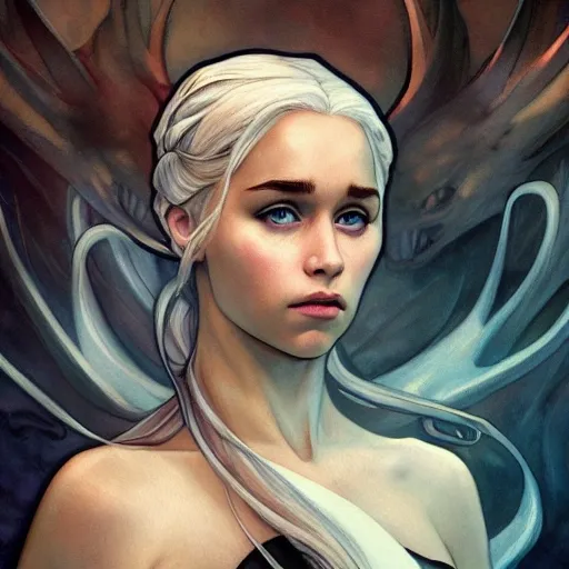 daenerys targaryen, dark and ominous, gothic, comic cover, Alphonse Mucha, James Jean, character art, intricate detail, watercolor, digital illustration, high resolution, trending on ArtStation, in the style of Charlie Bowater, Tom Bagshaw, and Waterhouse, Adam Hughes, Artgerm, J. C. Leyendecker, cinematic lighting, beautiful, elegant, oil painting, cinematic, headroom, 8K, trending on artstation, volumetric light, lightrays, smoke, cinematic, atmospheric, octane render, Flickr, fantasy art, magic, filmic, CryEngine, ethereal, glowing lights and smoke in background, fantasy, psychedelic, moody, muted colors, multicolored, vibrant colors