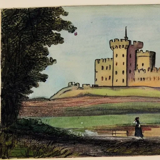 a woman dressing a clothes from the 1920 decade, walking along the riverbank with a castle in the background in Water Color