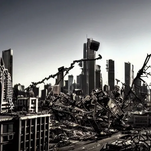 A cityscape of twisted metal and broken glass, the only sign of life being the robotic sentinels patrolling the streets.