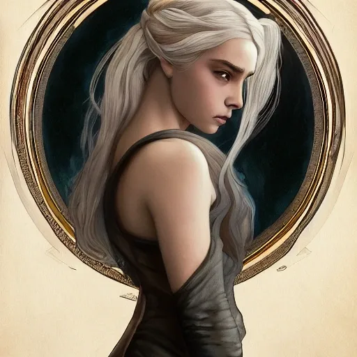 daenerys targaryen, dark and ominous, gothic, comic cover, Alphonse Mucha, James Jean, character art, intricate detail, watercolor, digital illustration, high resolution, trending on ArtStation, in the style of Charlie Bowater, Tom Bagshaw, and Waterhouse, Adam Hughes, Artgerm, J. C. Leyendecker, cinematic lighting, beautiful, elegant, oil painting, cinematic, headroom, 8K, trending on artstation, volumetric light, lightrays, smoke, cinematic, atmospheric, octane render, Flickr, fantasy art, magic, filmic, CryEngine, ethereal, fantasy, psychedelic, moody, muted colors, multicolored, vibrant colors