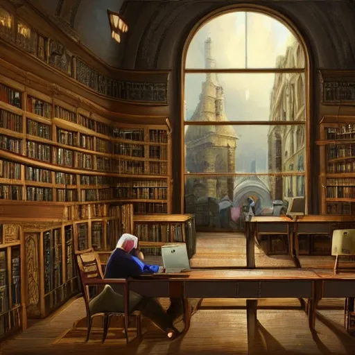 realistic classic university library, foreground, portrait european teen boy studying with laptop, aisle with a lot of tables, students, beautiful scenery, perfect picture quality, bright colors, unreal engine highly rendered, extremely detailed face and eyes, oil on canvas, trending on artstation, featured on pixiv, cinematic composition, extreme detail, metahuman creator, Size: 1920x1080
