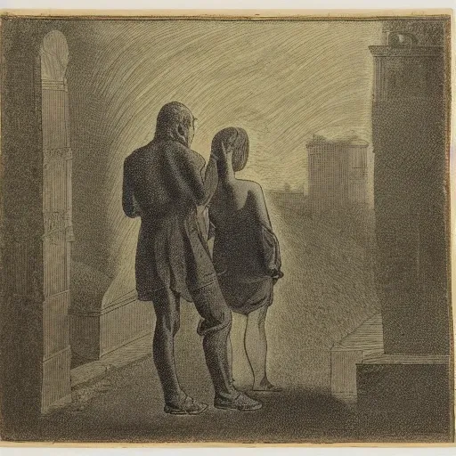 a man standing looking at his knees where a women is crying in a landscape set of a dark city, 3D