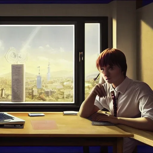 realistic office, giant glass, portrait european teen boy with laptop, extremely detailed face and eyes, beautiful scenery, perfect picture quality, bright colors, unreal engine highly rendered, oil on canvas, trending on artstation, featured on pixiv, cinematic composition, extreme detail, metahuman creator, Size: 1920x1080
