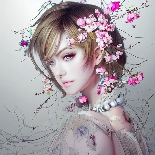 the portrait of the absurdly beautiful, graceful, elegant, gorgeous, fashionable photorealistic anime european woman made of cherries and white petals with tears, an ultrafine hyperrealistic illustration by kim jung gi, irakli nadar, intricate linework, bright colors, octopath traveler, final fantasy, unreal engine highly rendered, global illumination, radiant light, intricate environment, Cartoon