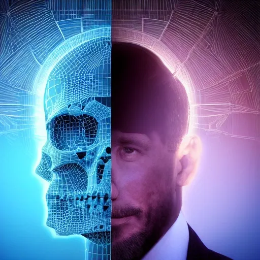 Stunning 3D render of a man half  a handsome human half  skull and a woman half amazingly beautiful and half 
skull, close-up, intricate details, set against a skyline at night, blue neon effect, futuristic, sharp focus, cinematic, high contrast, rim light, celestial atmosphere, fiery effect, vivid --ar 16:9 --q . 5 --stylize 250