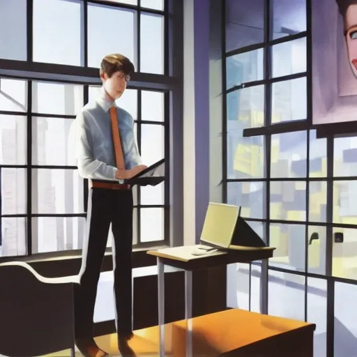 realistic office, giant glass, portrait european teen boy with laptop, extremely detailed face and eyes, beautiful scenery, perfect picture quality, bright colors, unreal engine highly rendered, oil on canvas, trending on artstation, featured on pixiv, cinematic composition, extreme detail, metahuman creator, Size: 1920x1080