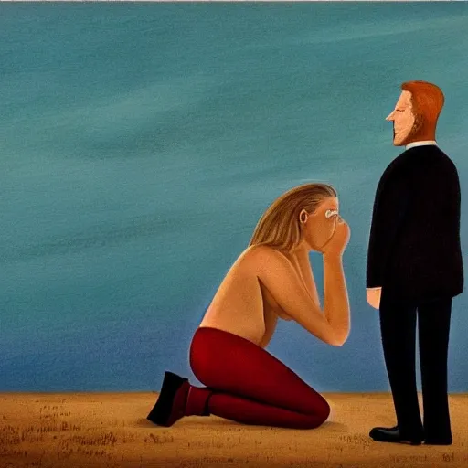 a man standing looking at the horizon while a woman is on his knees crying , he have an attitude that he doesn't care about her ,  drawn in the style of Storm Thorgerson , Cartoon, Water Color, Oil Painting