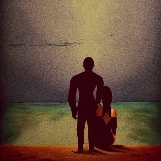 a man standing looking at the horizon while a woman is on his knees crying , he have an attitude that he doesn't care about her ,  drawn in the style of Storm Thorgerson , Cartoon, Water Color, Oil Painting, cyberpubk
