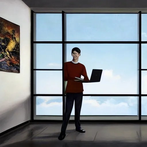 realistic office, giant glass, portrait european teen boy with laptop, extremely detailed face and eyes, beautiful scenery, perfect picture quality, bright colors, unreal engine highly rendered, oil on canvas, trending on artstation, featured on pixiv, cinematic composition, extreme detail, metahuman creator, Size: 1920x1080, ratio: 16:9