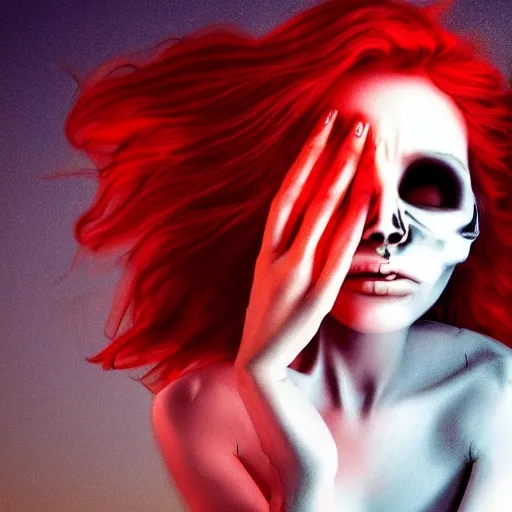 Stunning 3D render of a beautiful red head woman crying who is half  face a skull, close-up, intricate details, set against a skyline at night, futuristic, sharp focus, cinematic, high contrast, rim light, celestial atmosphere, fiery effect, vivid 