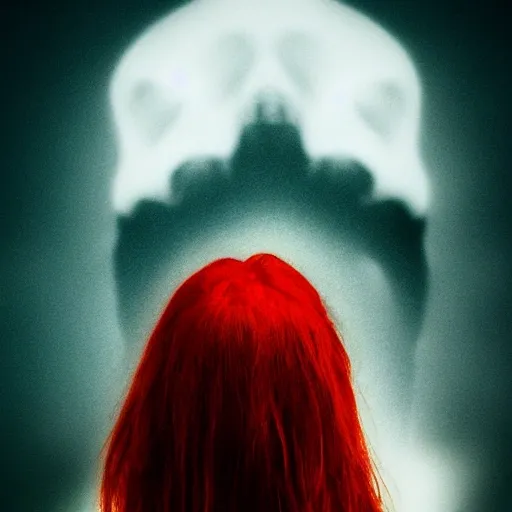 Stunning 3D render of a beautiful red head woman crying who is half  face a skull, close-up, intricate details, set against a skyline at night, futuristic, sharp focus, cinematic, high contrast, rim light, celestial atmosphere, fiery effect, vivid 