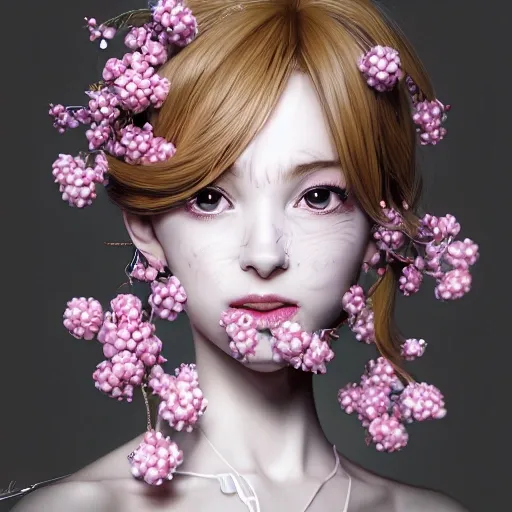 the portrait of the absurdly beautiful, graceful, elegant, gorgeous, fashionable photorealistic anime european woman made of cherries and white petals with tears, an ultrafine hyperrealistic illustration by kim jung gi, irakli nadar, intricate linework, bright colors, octopath traveler, final fantasy, unreal engine highly rendered, global illumination, radiant light, intricate environment