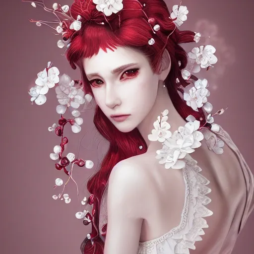 the portrait of the absurdly beautiful, graceful, elegant, gorgeous, fashionable photorealistic anime european woman made of cherries and white petals with tears, an ultrafine hyperrealistic illustration by kim jung gi, irakli nadar, intricate linework, bright colors, octopath traveler, final fantasy, unreal engine highly rendered, global illumination, radiant light, intricate environment