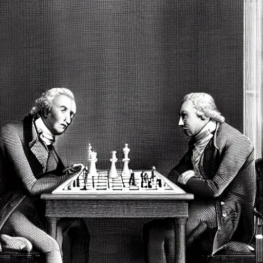 make Carl Scheele and Joseph Priestley play chess and antonie lavoisier watching from behind
