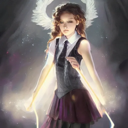 realistic portrait of a innocent young teen girl, d&d magic fantasy, dark magical school student uniform, light curly hair, casting a bright large-scale magical spell around herself, overflowing energy, highly detailed, digital painting, trending on artstation, pixiv, concept art, sharp focus, illustration, art by Ross Tran and Greg Rutkowski and Walt Disney animation