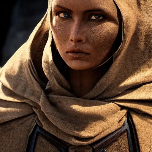 Dune Tribute /// (Character) wearing detailed combat body suit with scarf, closeup, desert scene, detailed skin, face sharp focus, detailed eyes and pupils, detailed hair, intricate details and sharp, masterpiece, global illumination, real shadow, bokeh, best quality, Dune style, photorealistic, realistic, 8k, 3d

