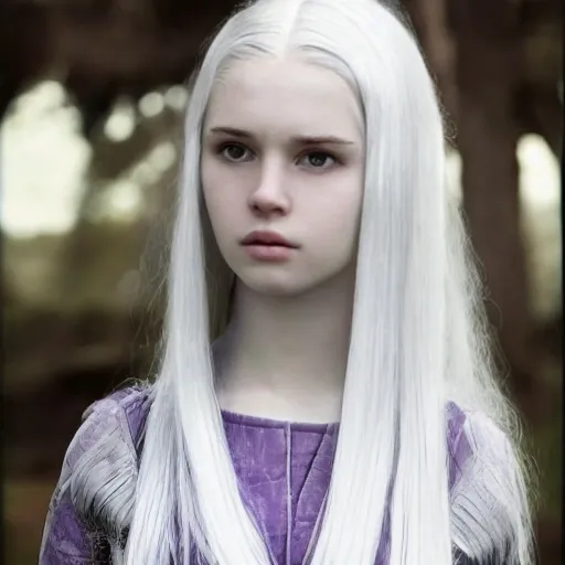 Valyrian female, age 14, violet eyes, pale skin, long intricate white hair, slender, fair and beautiful