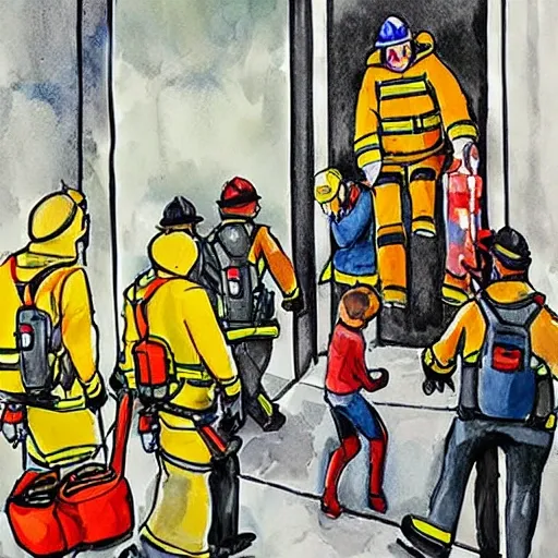 Fire Department rescue team helping a group of people escape from an elevator stuck, Cartoon, Oil Painting, Water Color