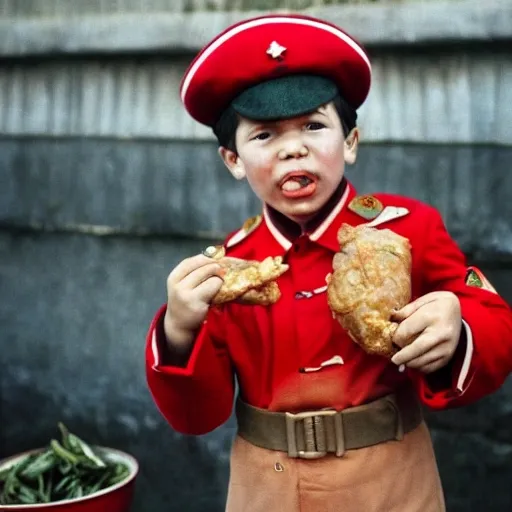 A child dressed in the uniform of the Red Army during the Liberation War and holding a piece of vegetarian meat in his hand, ready to tear and eat, Cartoon, Cartoon, Cartoon, Cartoon